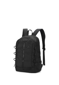 Sac à dos noir au design élégant, avec une poche zippée à l'avant, des sangles latérales et des bretelles rembourrées pour le confort.