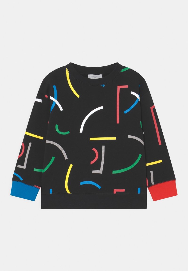 Schwarzes Sweatshirt mit bunten geometrischen Mustern in Rot, Gelb, Blau, Grün und Grau. Die Bündchen sind blau und rot. Weicher Stoff.