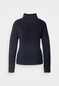 Pull en maille bleu marine foncé avec col montant et manches longues, présentant une texture côtelée et une coupe ajustée.