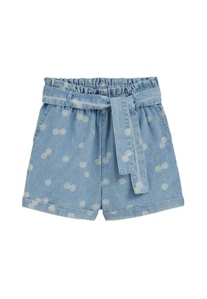 Lichtblauwe denim shorts met witte madeliefjes, elastische gerimpelde tailleband, zijzakken en bijpassende stoffen ceintuur vooraan gestrikt.