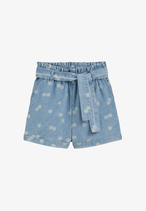 Jasnoniebieskie szorty dżinsowe z nadrukiem białych stokrotek, elastyczną falbaną w pasie, bocznymi kieszeniami i dopasowanym paskiem z tkaniny związanym z przodu.