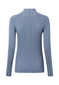 Rippendes Langarmoberteil aus weichem blauen Stoff. Hochkragen-Design mit figurbetonter Silhouette. Verfügt über vertikale Streifen für Textur.