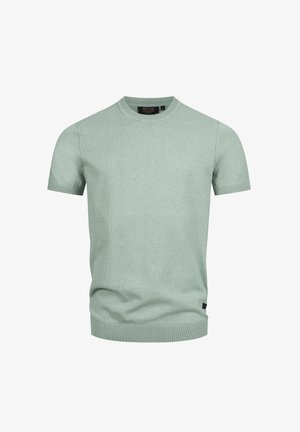 Short-sleeve knit sweater in light green, featuring a crew neck and ribbed cuffs. Made from soft, textured fabric with a fitted shape.