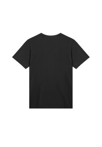 Plain black short-sleeve crew neck t-shirt shown from the back on a white background.