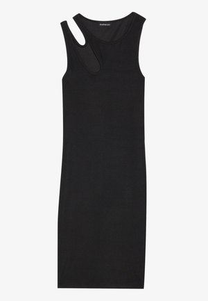 Must mustriga kleit ringkaelusega ja asümmeetrilise lõikega vasakul õlal. Valmistatud venivast kangast, omab see keha rõhutavat lõiget.