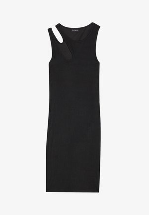 Black sleeveless dress with a round neck and asymmetric cutout detail on the left shoulder. Made of stretchy fabric, it has a fitted shape.
