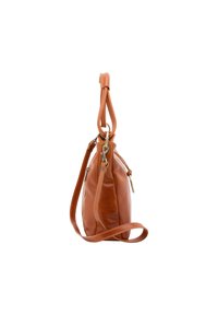 Borsa a tracolla in pelle marrone con manici doppi e tracolla regolabile, vista di lato su uno sfondo bianco.