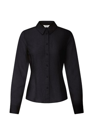 Musta pitkähihainen slim fit -paita, jossa napitettava etuosa ja terävä kaulus, istutettu vyötärö sekä hihansuissa kalvosimet.