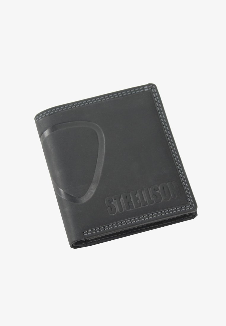 Čierna kožená dvojitá peňaženka so šitými okrajmi a vyrazeným logom "STRELLSON" na prednej strane.