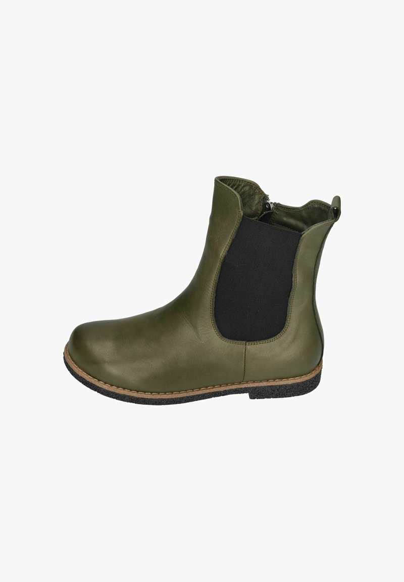 Green leather ankle boot with black elastic panel, round toe, and textured black rubber sole. Stitching detail along the edge.