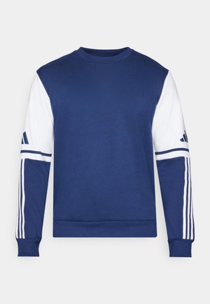 Blue sweatshirt with white sleeves. Features three white stripes along the sleeves and a crew neck. Made from a soft, textured fabric.