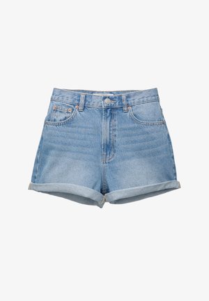 Jeansowe szorty w jasnoniebieskim odcieniu, wysoki stan z zapięciem na guzik, pięć kieszeni i podwinięte nogawki. Gładka tekstura, klasyczny design.