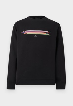 Sort langærmet crewneck-sweatshirt med farverigt vandret penselstrøgsmønster og lille hvid "PS Paul Smith"-logo i midten af brystet.