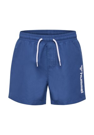 Blå svømmetights lavet af letvægtsstof, der har et elastisk talje bånd med en hvid snor og et hvidt logo på siden.
