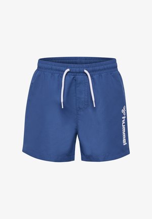 Blå badshorts tillverkade av lättviktig tyg, med resårmidja och vit snörning samt en vit logotyp på sidan.