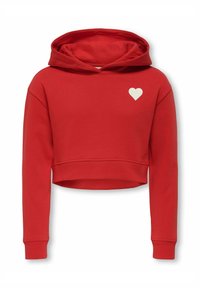 Punainen lyhyt huppari, joka on valmistettu puuvillasekoitteesta. Siinä on etu-tasku ja pieni valkoinen sydänlogo vasemmassa rinnassa.