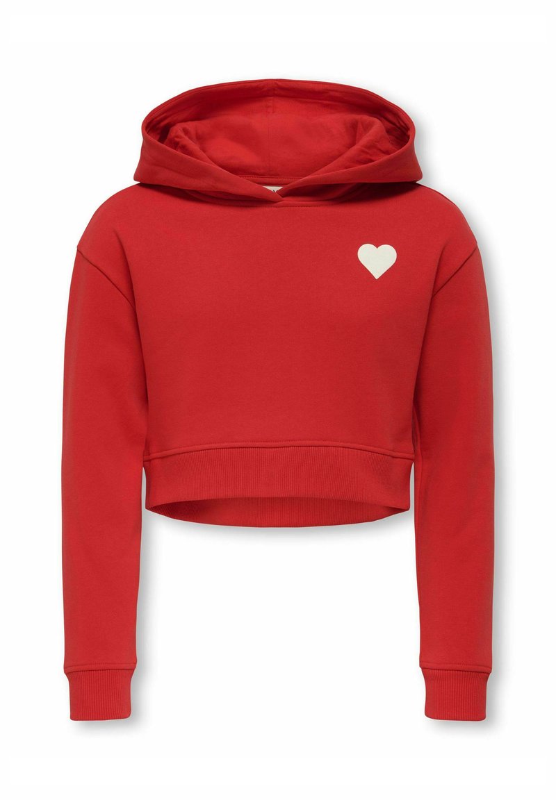 Punainen lyhyt huppari, joka on valmistettu puuvillasekoitteesta. Siinä on etu-tasku ja pieni valkoinen sydänlogo vasemmassa rinnassa.