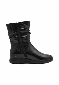 Schwarze Lederstiefeletten mit einem lässigen Design, seitlichem Reißverschluss, niedrigem Wedge-Absatz und glatter Textur. Geeignet für verschiedene Anlässe.