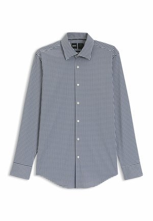 Herren Langarmhemd im marineblauen und weißen Karomuster. Mit klassischem Kragen, Knopfverschluss und abgerundetem Saum.