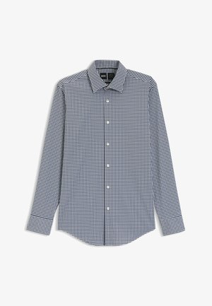 Camicia a maniche lunghe da uomo in motivo gingham blu navy e bianco. Presenta un collo classico, chiusura con bottoni e orlo arrotondato.