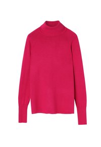 Przylegający sweter z golfem w jasnoróżowym kolorze, wykonany z miękkiego dzianinowego materiału. Posiada ściągacze przy mankietach i dekolcie oraz gładką fakturę.