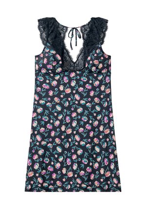 Nuit noire à fleurs avec des manches en dentelle volantées, ornée de fleurs roses, violettes et bleues sur un fond sombre. Se noue au cou.