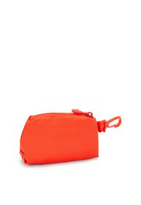 Zipper pouch in bright orange nylon, rectangular shape with rounded edges, featuring a small loop for attachment. Smooth texture.
