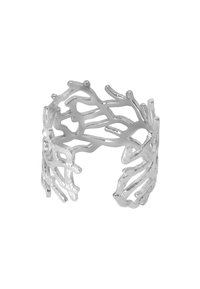 Srebrny pierścionek w kształcie mankietu z organicznym wzorem inspirowanym koralem, z detalami w technice otwartej, gładką teksturą i abstrakcyjną formą.