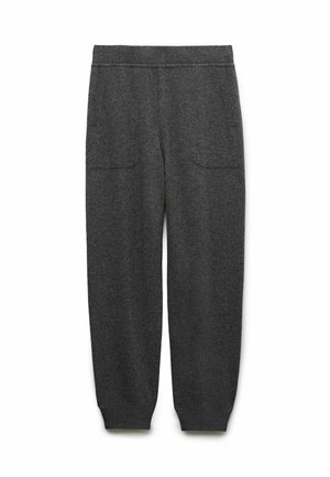 Pantaloni della tuta grigio scuro realizzati in tessuto morbido, con una vestibilità comoda, vita elastica e due tasche frontali. Polsini alle caviglie.