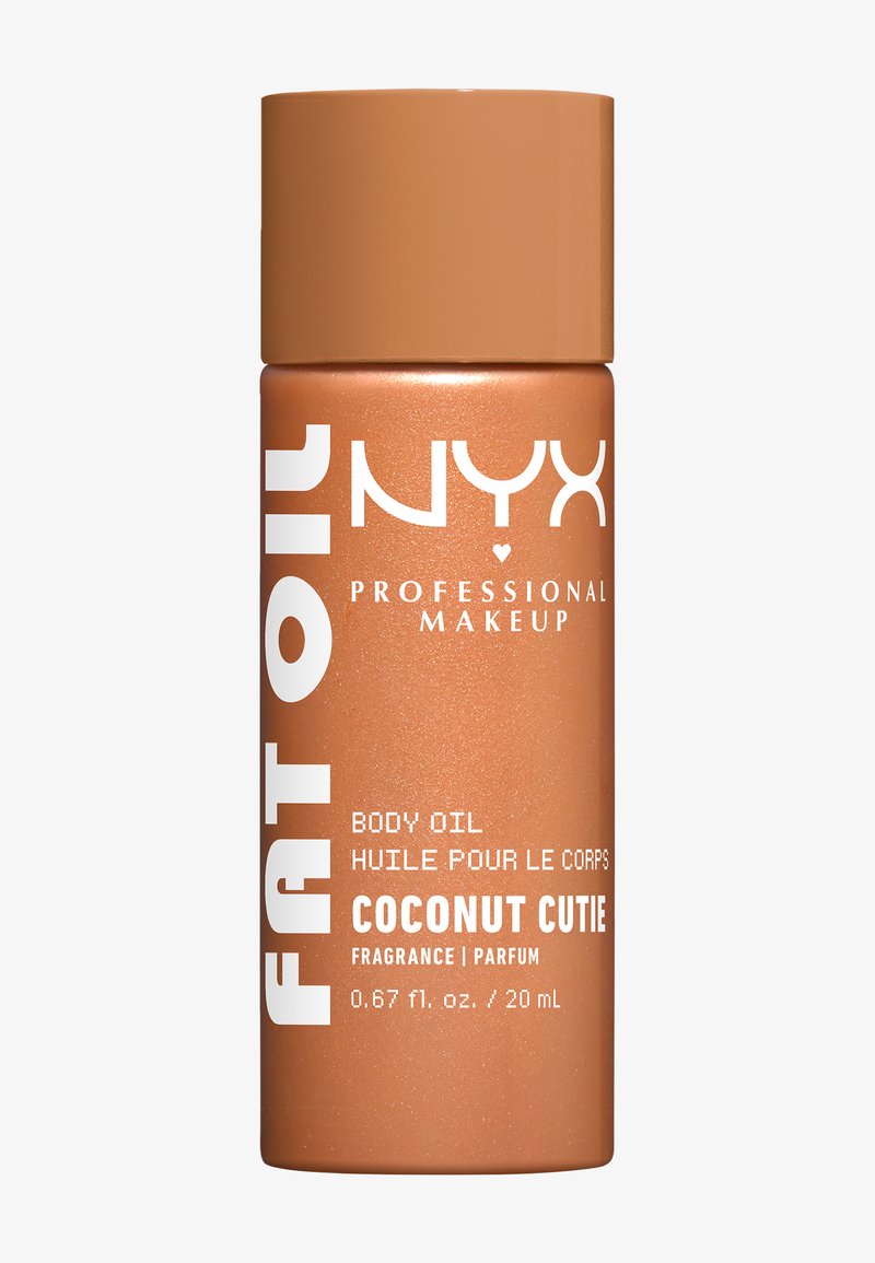 NYX professional makeup kropsolieflaske mærket "Coconut Cutie" duft, 20 ml / 0,67 fl. oz., med en brun hætte.