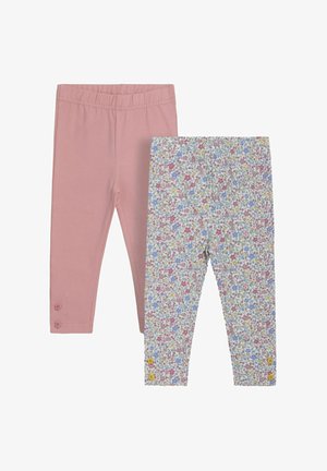 To sæt leggings: det ene ensfarvet pink med elastisk talje og knapdetaljer, det andet mønstret med farverige blomsterdesigns på en hvid baggrund.