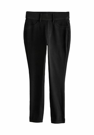 Schwarze Slim-Fit-Hose mit Fronttaschen, Gürtelschlaufen und einem zulaufenden Beindesign.