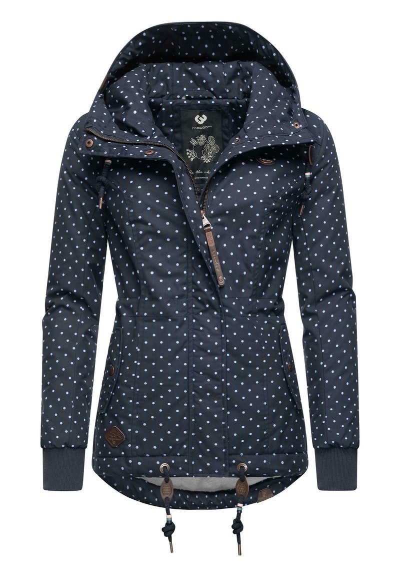 Veste bleu marine avec des pois blancs, capuche ajustable, fermeture éclair à l'avant, poches latérales et ourlet ajustable avec cordon. Comprend des accents en cuir.
