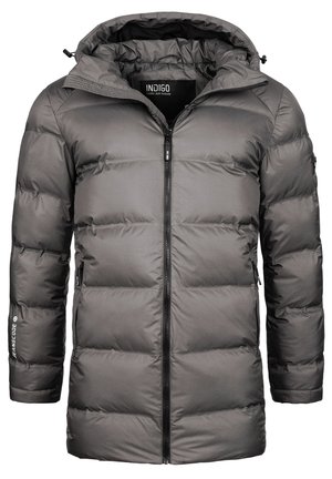 Chaqueta de plumas gris con cierre frontal, capucha ajustable y puños elásticos. Confeccionada en un material texturizado y aislante, con un corte moderno.