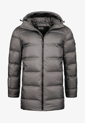 Chaqueta de plumas gris con cierre frontal, capucha ajustable y puños elásticos. Confeccionada en un material texturizado y aislante, con un corte moderno.