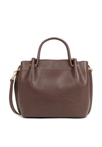 Bruine leren handtas met een textuurafwerking, dubbele handgrepen bovenaan, verwijderbare schouderriem en gouden hardware accenten.