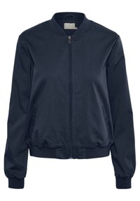 Veste de bombardier marine en tissu lisse, avec une fermeture éclair à l'avant, des poignets côtelés et un col arrondi. Deux poches latérales incluses.