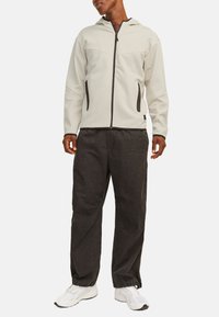 Haut à capuche zippé gris clair avec capuche, fermeture éclair noire et poches latérales, porté sur un pantalon noir ample. Tissu texturé avec une finition lisse.