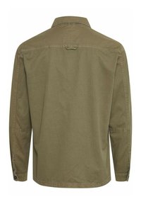 Olive green long-sleeve shirt made of fabric with a smooth texture. Features a button-down collar and single button at the cuffs.