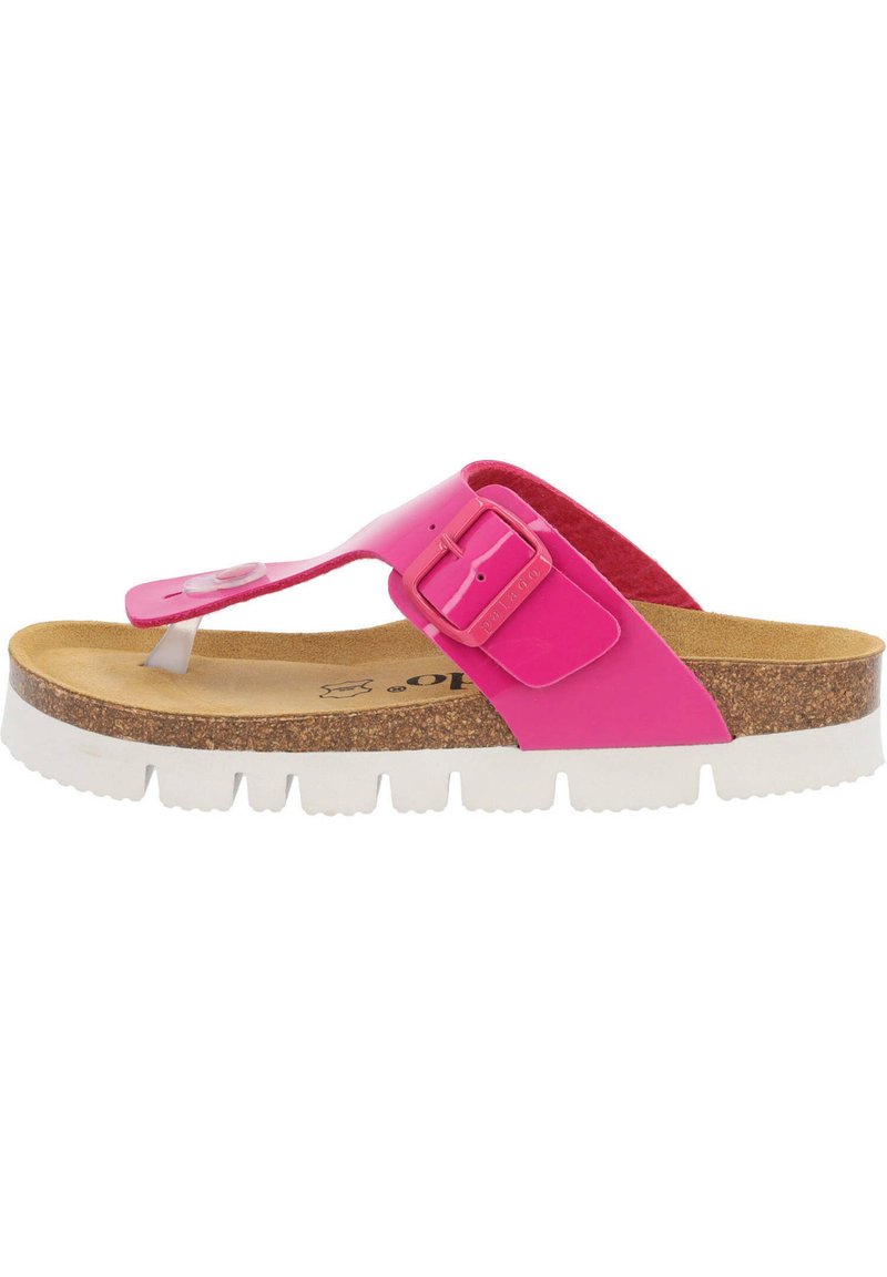 Rosa flip-flop sandal med en glänsande ovandel, justerbart spänne, korkfotbädd och vit gummisula med texturerat grepp.