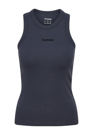 Granatowy prążkowany bezrękawnik z okrągłym dekoltem i haftowanym logo „hummel” na piersi, wykonany w Bangladeszu.