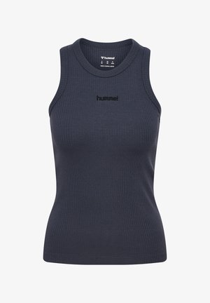 Marineblaues ärmelloses Ripp-Tanktop mit rundem Ausschnitt und dem "hummel"-Logo auf der Brust, hergestellt in Bangladesch.