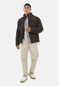 Giubbotto imbottito marrone con colletto alto, chiusura a zip e tasche laterali; indossato sopra un maglione grigio a righe, abbinato a pantaloni beige e sneakers bianche.