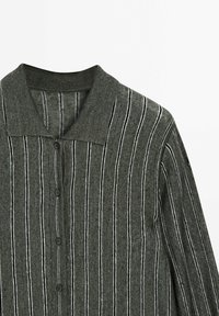 Dark gray knit cardigan with vertical white and black stripes, buttoned front, and a wide collar.