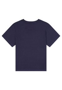 Navyblaue Baumwoll-T-Shirt mit kurzen Ärmeln, Rundhalsausschnitt und glatter Textur. Einheitlicher Rücken ohne sichtbare Logos oder Muster.