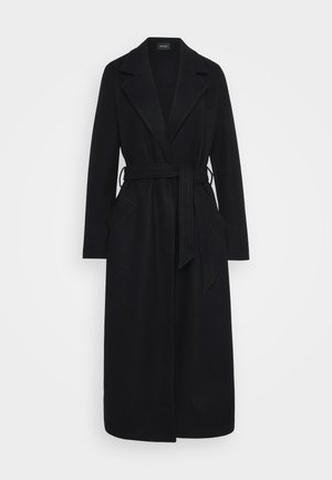 Long black belted wool coat with lapel collar and side pockets, displayed against a plain light background.
