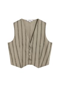 Chaleco beige con rayas verticales oscuras, diseño de cuello en V, cinco botones en la parte delantera y una tela ligeramente texturizada. Sin mangas.