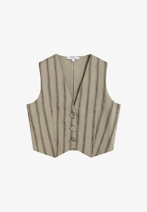 Beige vest met verticale donkere strepen, V-hals ontwerp, vijf knopen aan de voorkant en een licht gestructureerde stof. Zonder mouwen.