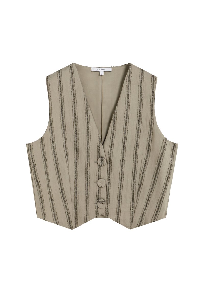 Chaleco beige con rayas verticales oscuras, diseño de cuello en V, cinco botones en la parte delantera y una tela ligeramente texturizada. Sin mangas.