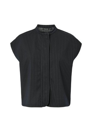 Blouse noire à manches courtes avec fines rayures blanches, col montant et patte de boutonnage dissimulée, de la marque Pieces.